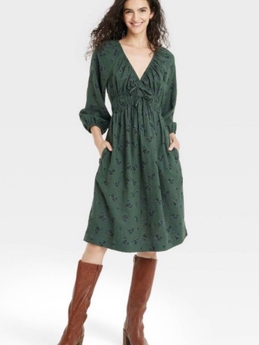 Universal Thread Green Floral V-Neck Midi Dress